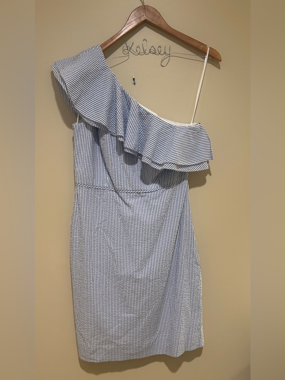 J Crew One-Shoulder Seersucker Ruffle Dress Size 6 Wedding Season
